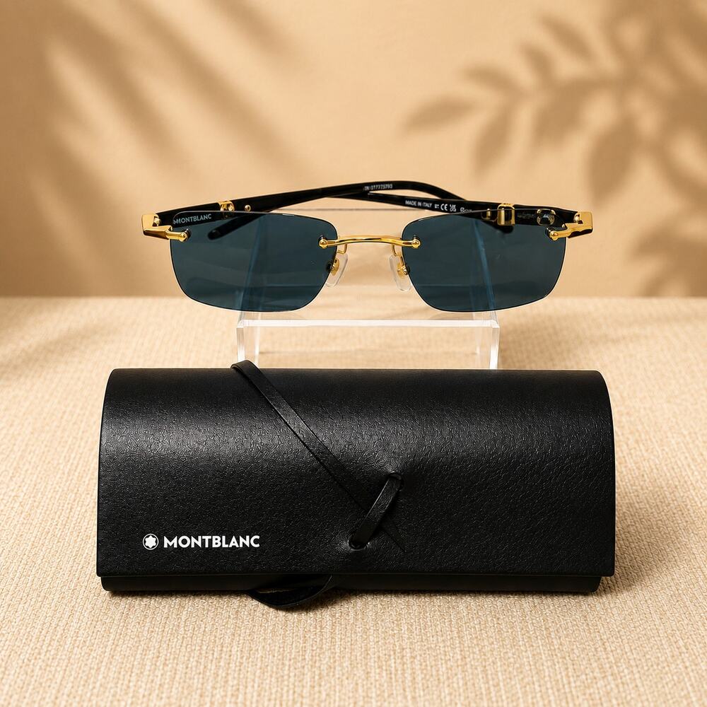Montblanc MB0344S Rimless Rectangular Sunglasses Gold Black Grey Lenses